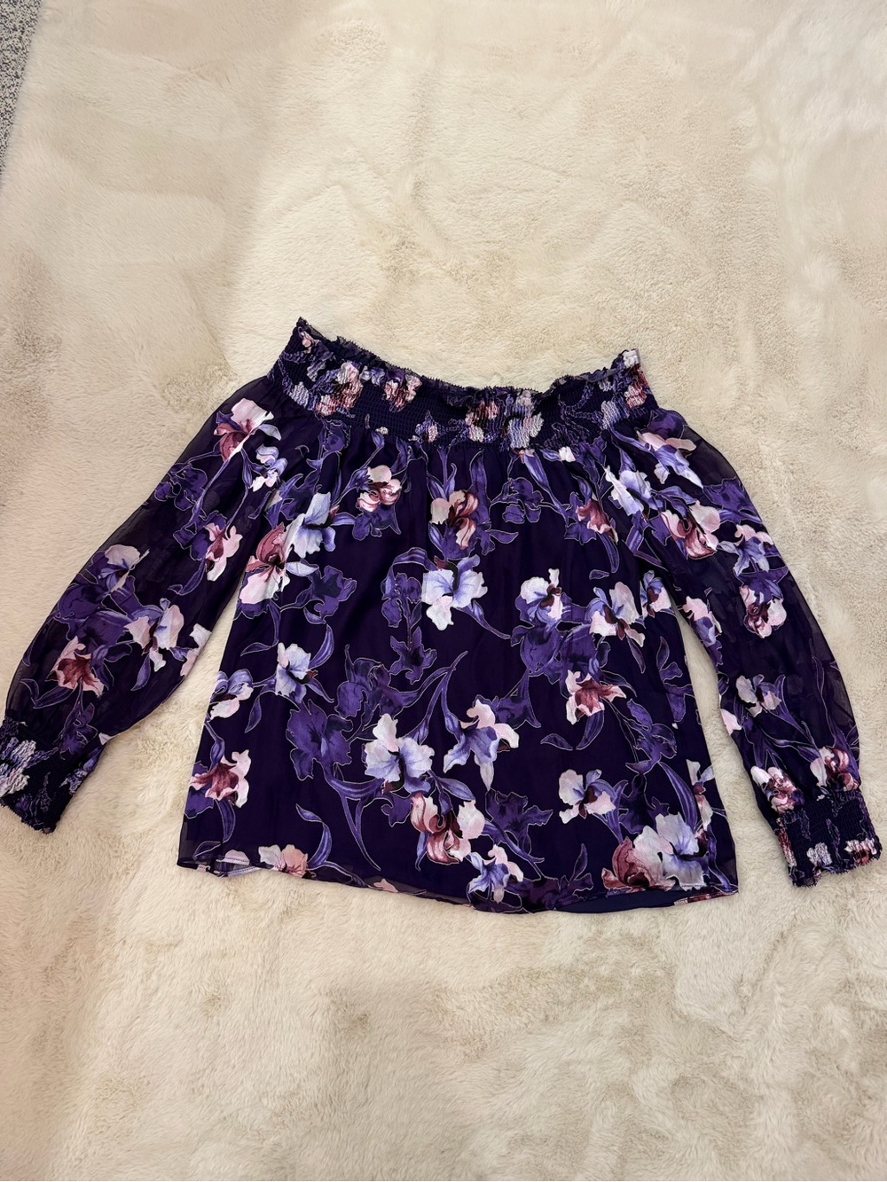 White House Black Market Purple Floral Off-Shoulder Blouse